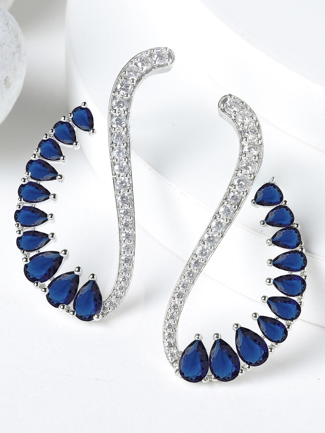 Karatcart Silver Plated Blue Cubic Zirconia Studde Drop Earrings for Women