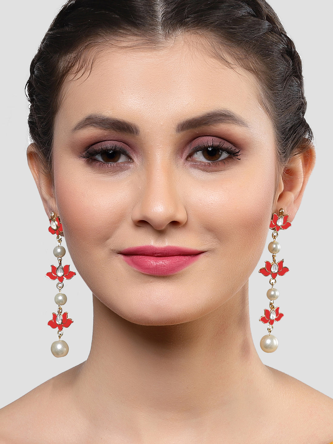 Karatcart Gold Plated Red Meena and Pearl Kundan Drop Earrings for Women