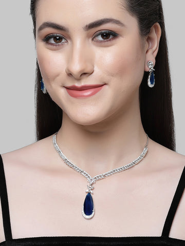 Karatcart Silver Tone Blue Drop Shape Cubic Zirconia Studded Jewellery Set for Women