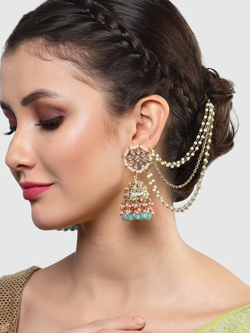 Karatcart Gold Plated Light Blue Beads and Pink Crystal Studded Kundan Kaanchain Jhumki Earrings