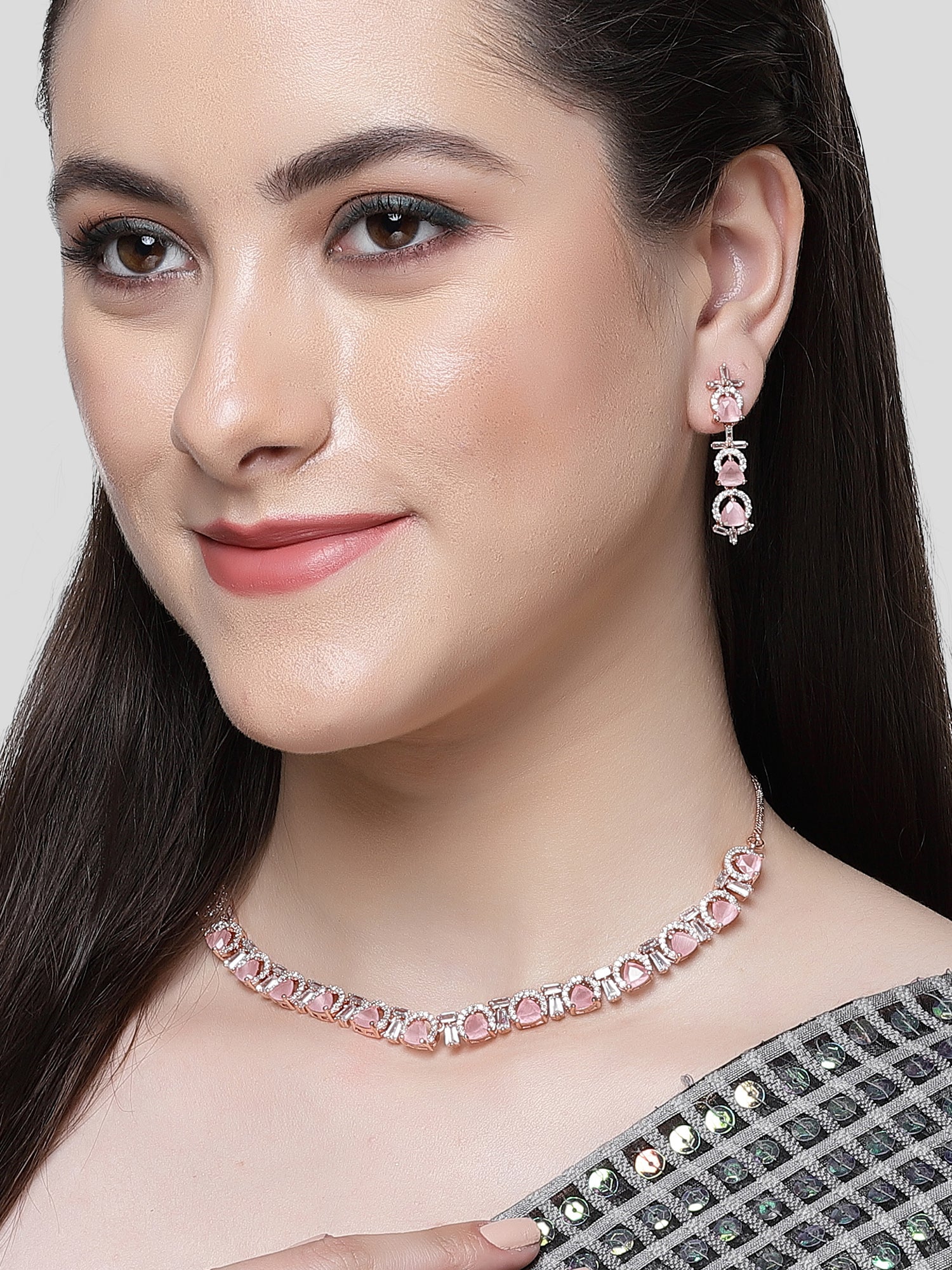 Karatcart Rose Gold Plated Pink Triangular Cubic Zirconia Studded Necklace Set for Women - Image 1