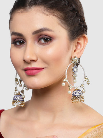 Karatcart Gold Plated Purple Meena Pearl Beaded Kundan Jhumki Hoop Earrings for Women