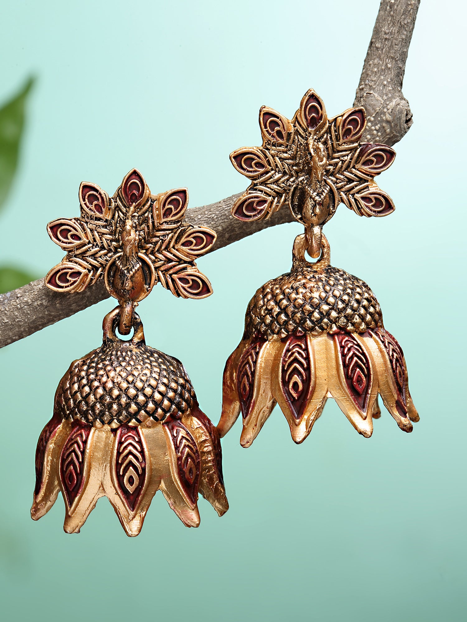 Karatcart Gold Plated Peacock Design Maroon Jhumki Earrings for Women