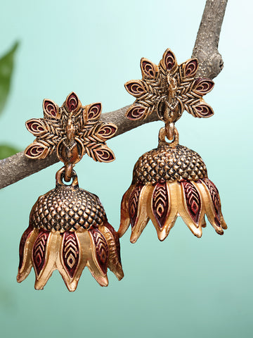 Karatcart Gold Plated Peacock Design Maroon Jhumki Earrings for Women