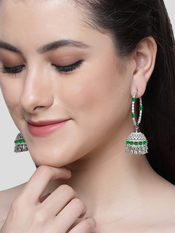 Karatcart Silver Plated Green Cubic Zirconia Studded Hoop Jhumki Earrings for Women