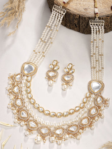 Karatcart Polki Kundan Drop Pearl Design Rani Haar Necklace Set for Women