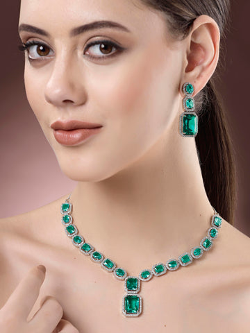 Karatcart Silver Tone Teal Cubic Zirconia Studded Necklace Set for Women