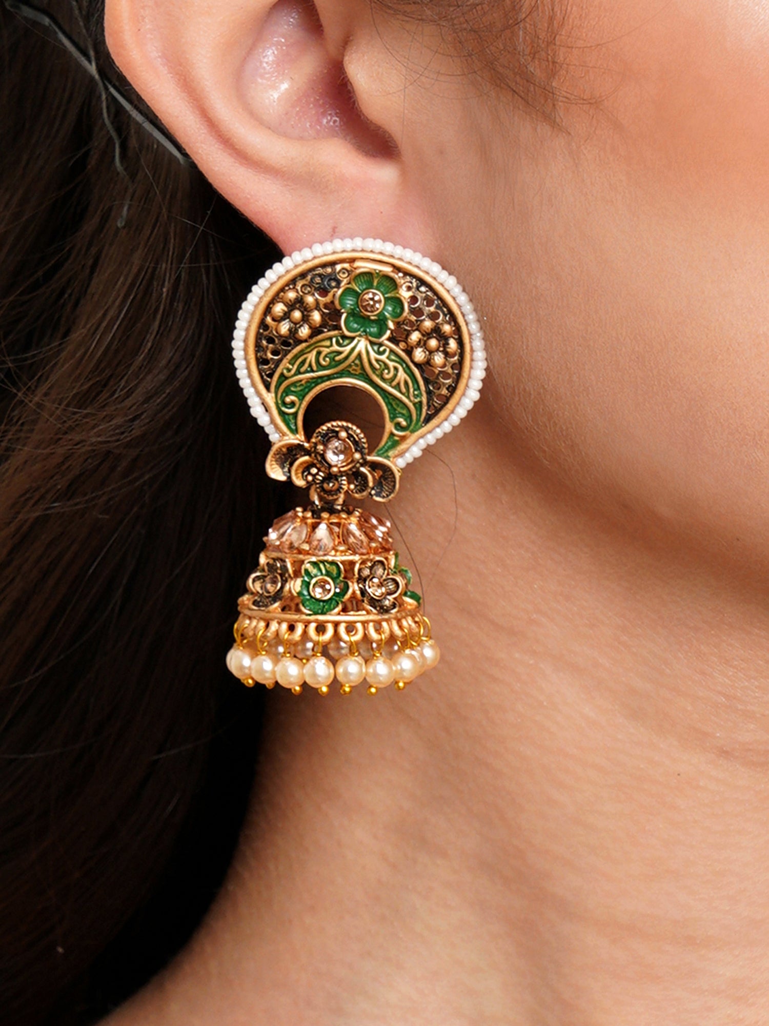 Karatcart Antique Gold Plated White Beaded Green Floral Jhumki Earrings for Women - Image 1