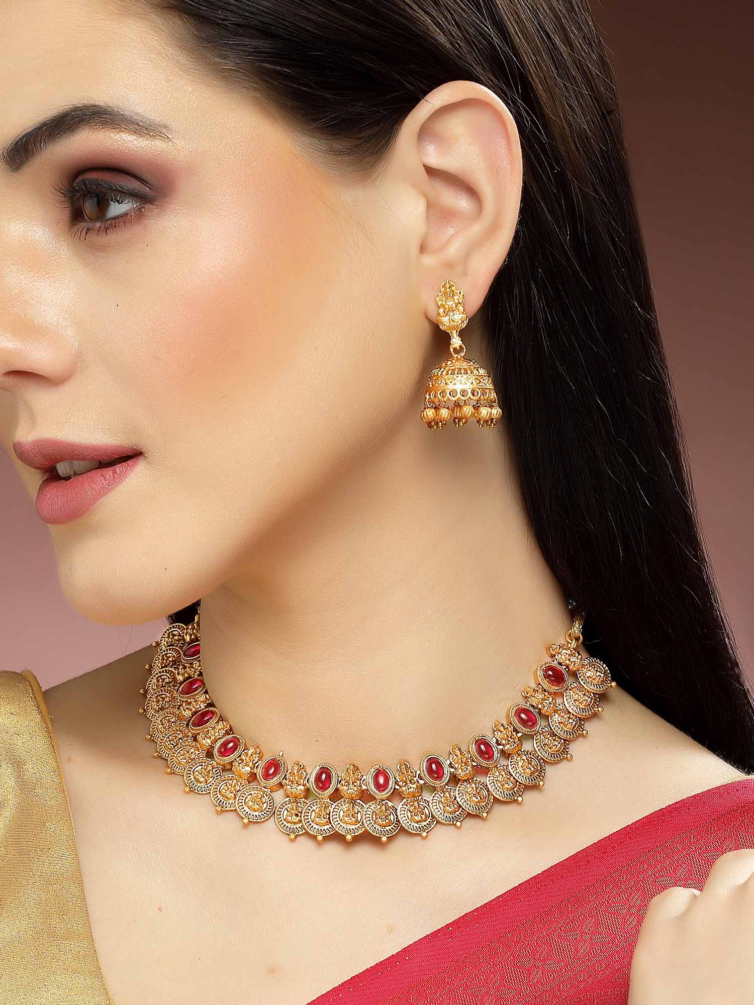 Karatcart Gold Plated Red Stones Classic Laxmi Mata Temple Jewellery Set for Women - view 2