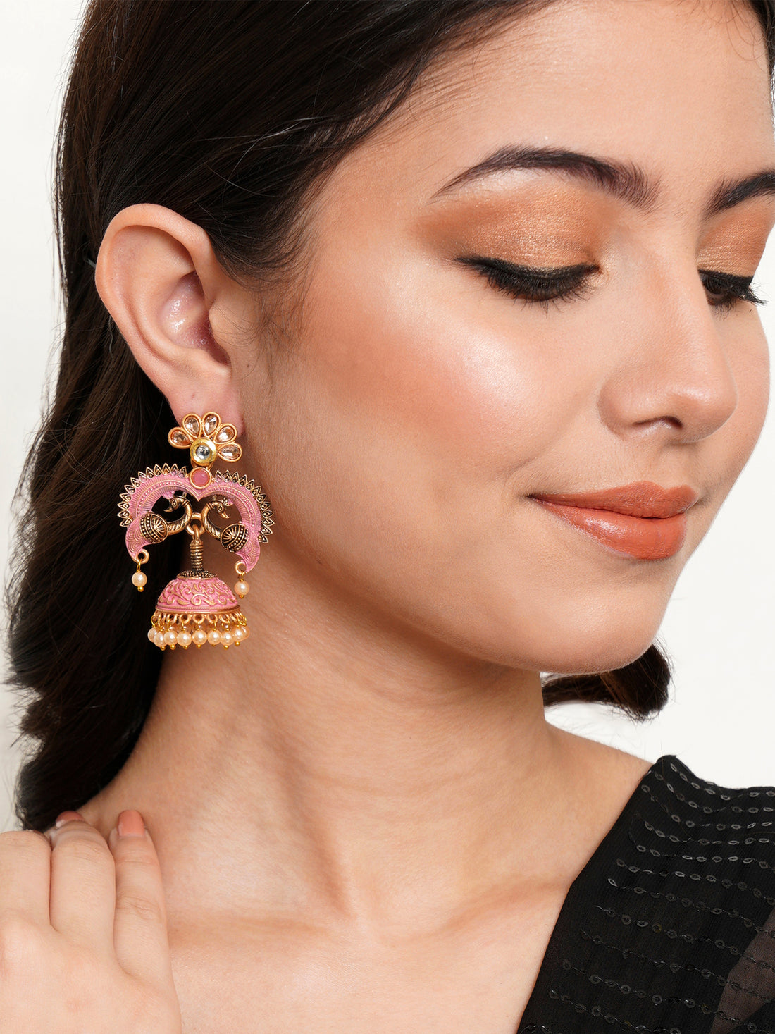 Karatcart Antique Gold Plated Pink Designer Peacock Jhumki Earrings for Women