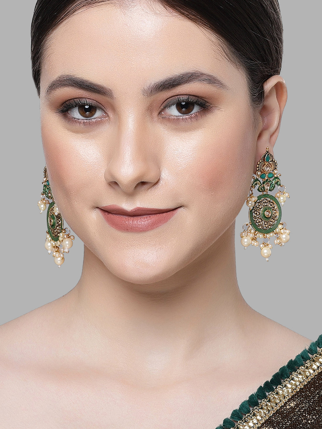 Karatcart Gold Plated Green Meena Kundan Dangler Earrings for Women