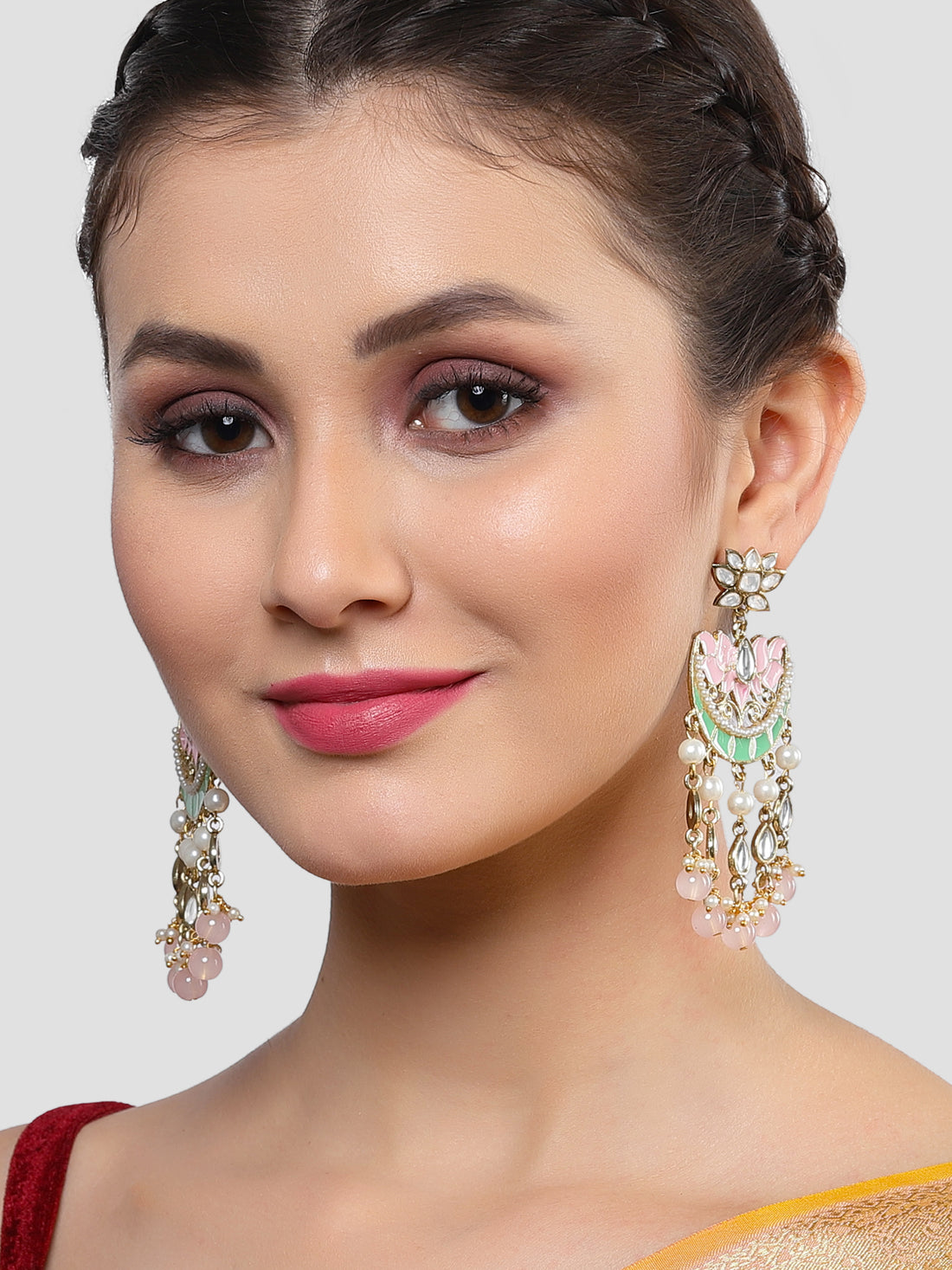 Karatcart Gold Plated Pink and Lime Green Meena Lotus Design Kundan Dangler Earrings