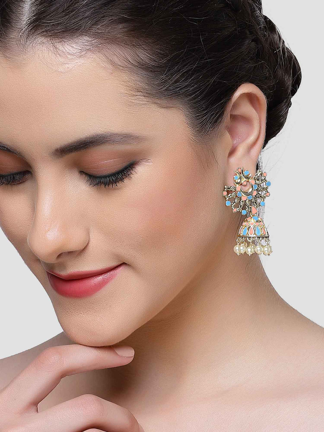 Karatcart Gold Plated Peach and Light Blue Meena Jhumki Earrings for Women