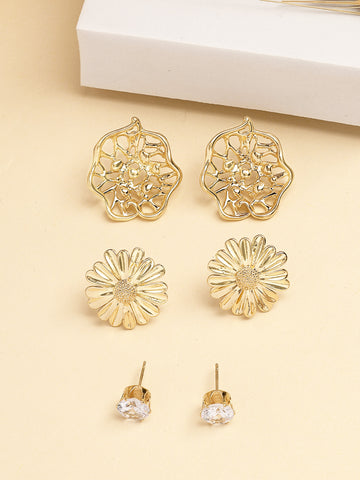 Bohey by KARATCART Set of 3 Gold Plated Floral Stud Earrings for Women