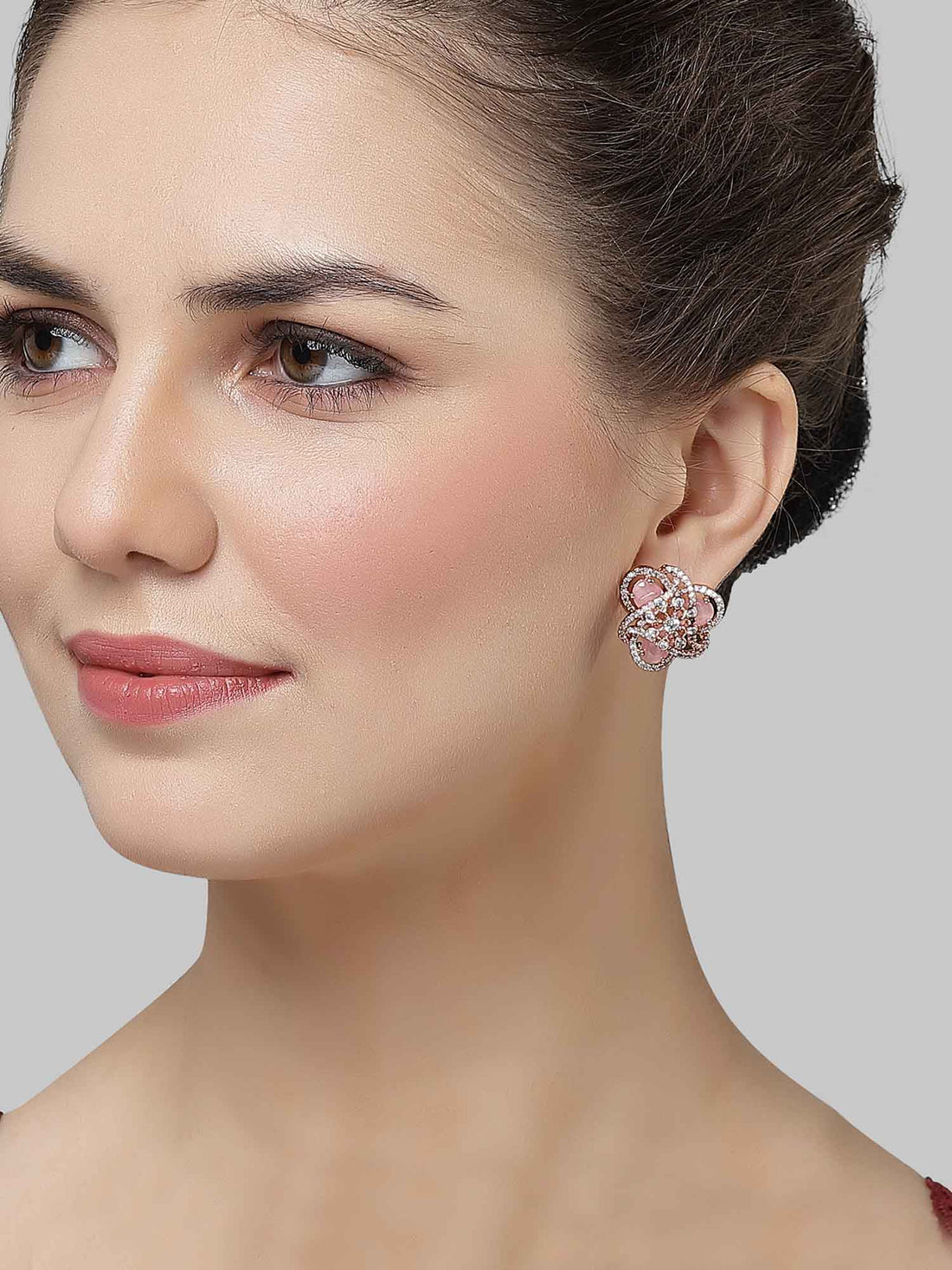 Karatcart Rose Gold Plated Pink Cubic Zirconia Floral Design Stud Earrings for Women