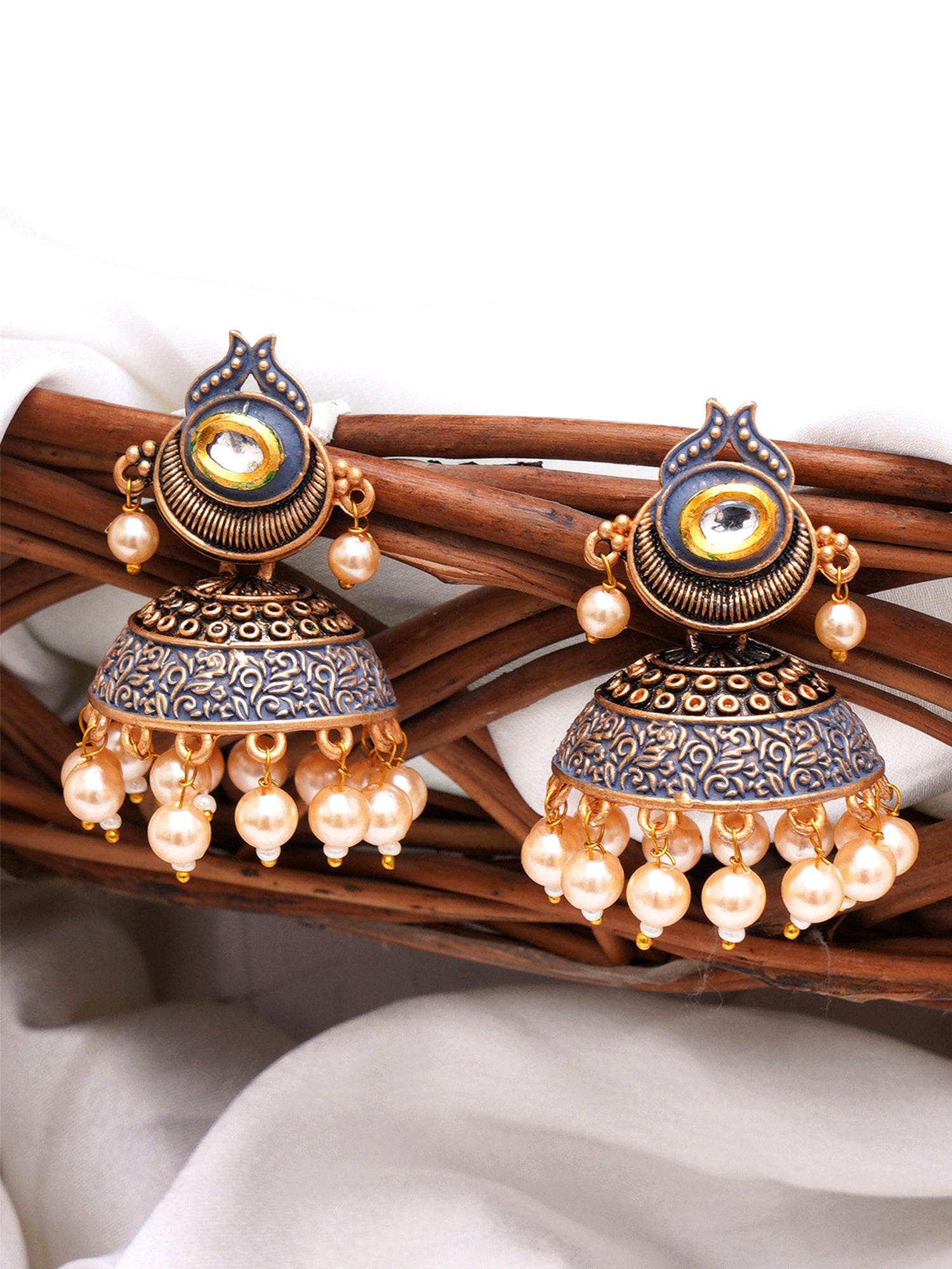 Karatcart Antique Gold Plated Polki Kundan Studded Grey Meena Jhumki Earrings for Women - view 3