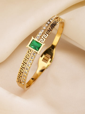 Bohey by KARATCART Gold-Plated Green Cubic Zirconia Studded Bangle-Style Bracelet for Women