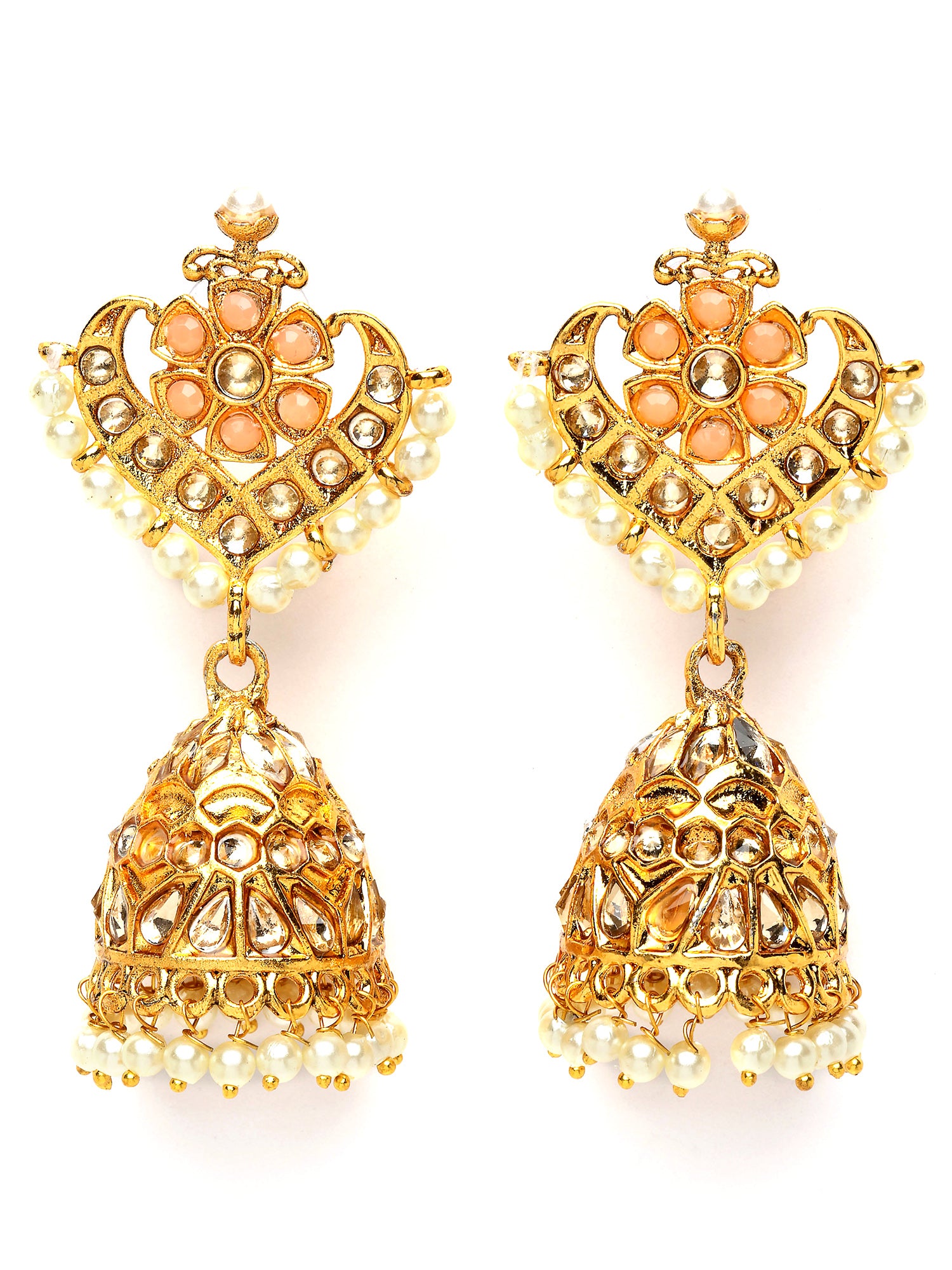 Karatcart Gold Plated Floral Design Peach Kundan Studded Jhumki Earrings for Women - view 4