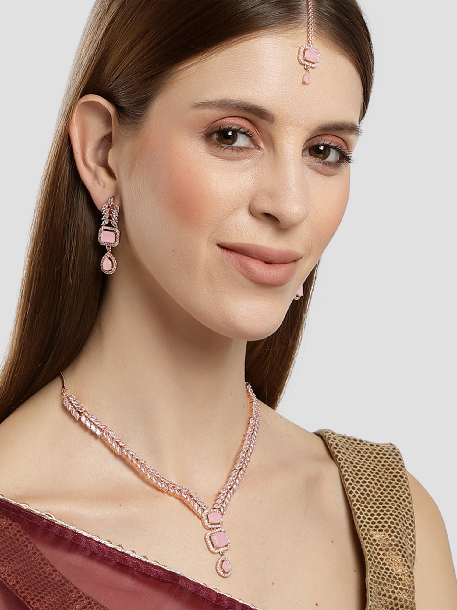 Karatcart Pink Cubic Zirconia Studded Rose-Gold Plated Necklace Set for Women - view 2