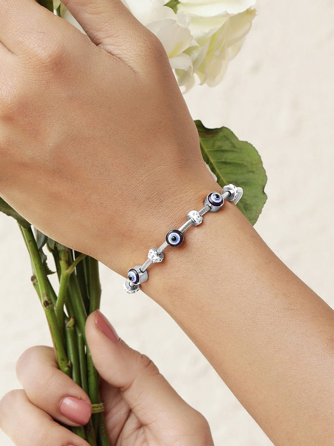 Bohey by KARATCART Silver Plated CZ Evil Eye Bracelet for Women