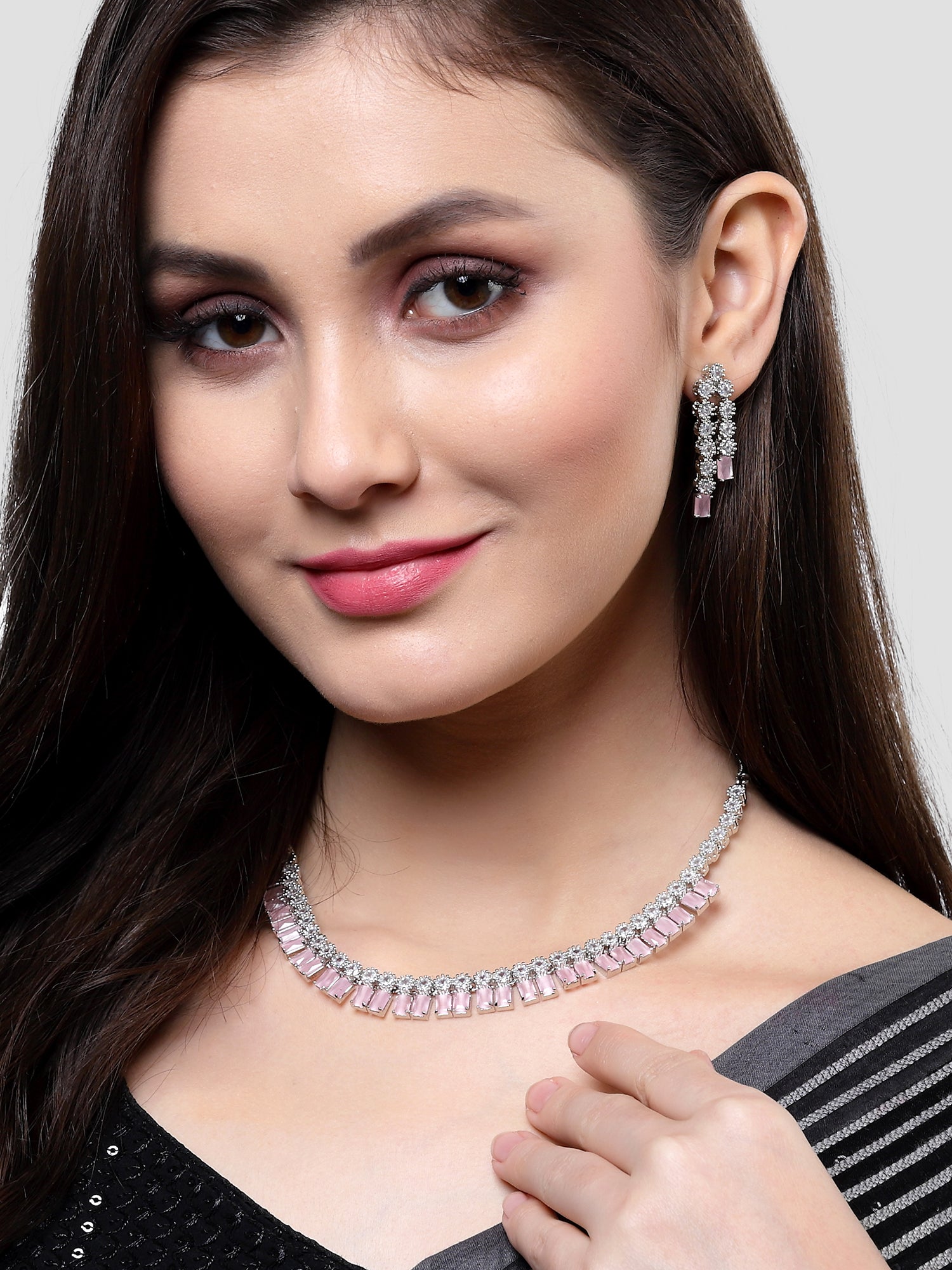 Karatcart Silver Tone Pink Cubic Zirconia Studded Necklace Set for Women - Image 1
