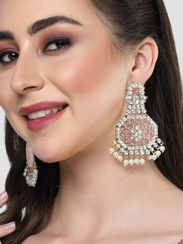 Karatcart Gold Plated Peach Meena Kundan Dangler Earrings for Women