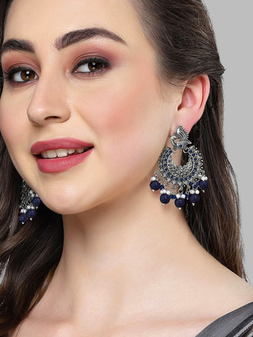 Karatcart Oxidised Silver Peacock Design Blue Beads and Kundan Dangler Earrings for Women