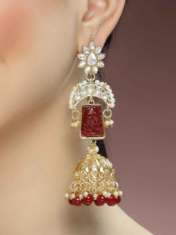 Kraratcart Gold Plated Red Carved Stone Kundan Jhumki Drop Earrings for Women