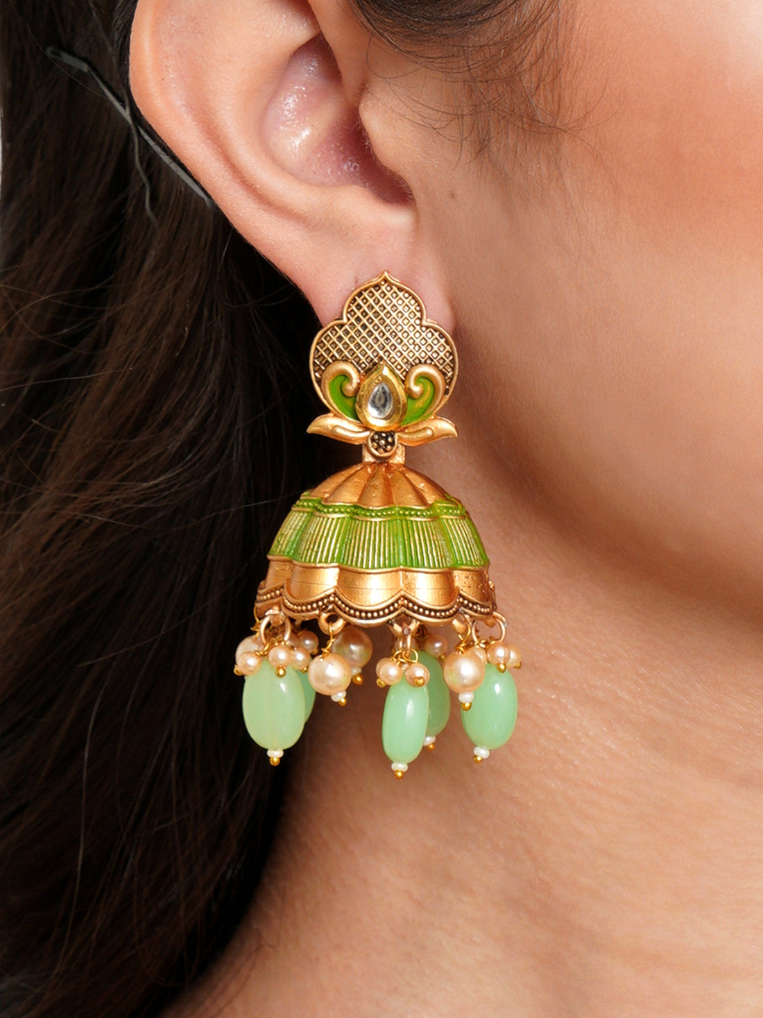 Karatcart Gold Plated Light Green Tumble and Golden Pearl Studded Jhumki Earrings for Women