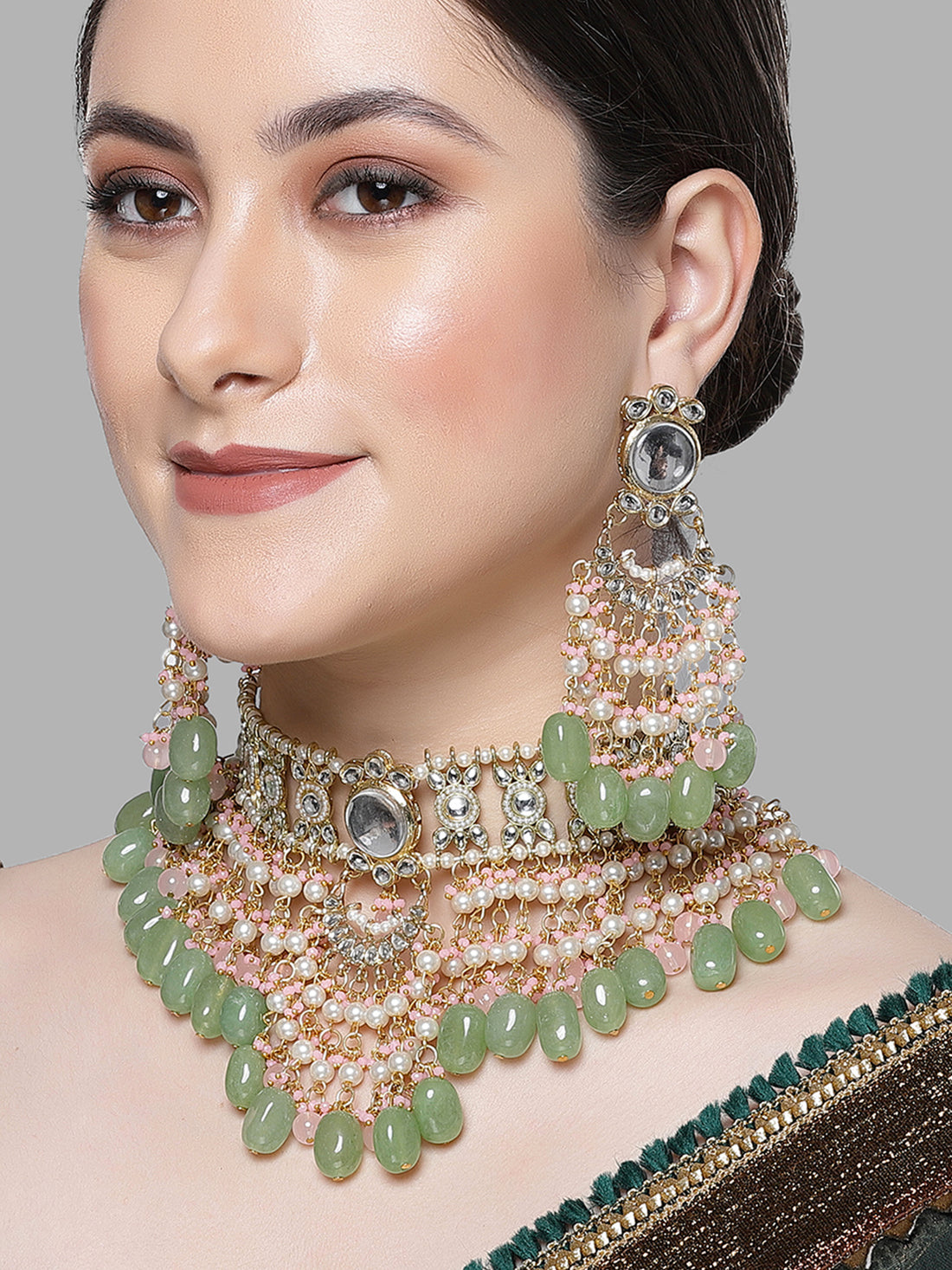 Karatcart Gold Plated Pink and Lime Green Kundan Choker Bridal Jewellery Set for Women