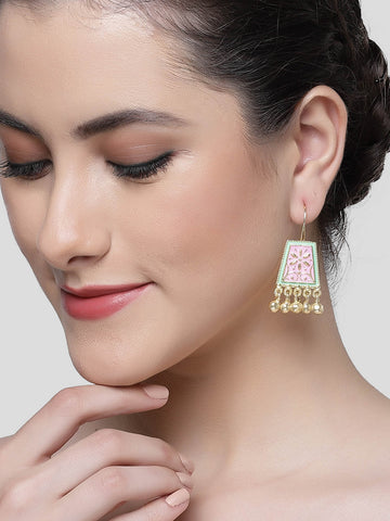 Karatcart Gold Plated Pink and Light Green Meena Drop Earring for Women