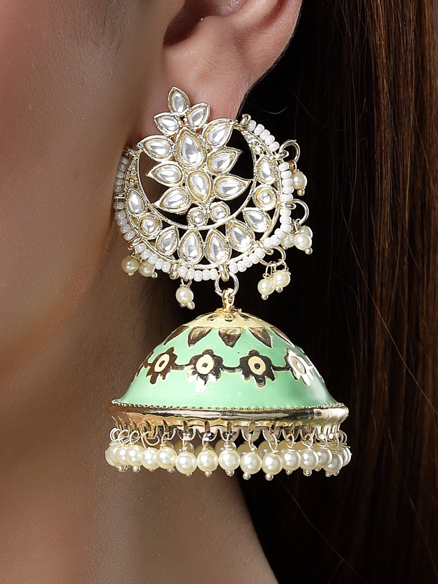 Karatcart Gold Plated Lime Green Meena Handcrafted Kundan Jhumki Earrings for Women
