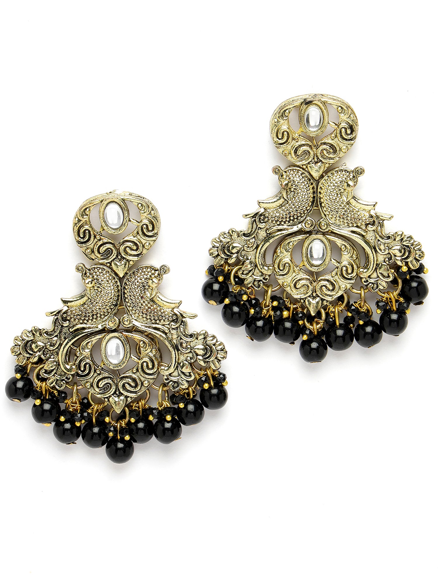 Karatcart Antique Gold Plated Black Beads Peacock Design Kundan Dangler Earrings for Women - view 4
