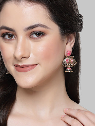 Karatcart Gold Plated Pink Meena Pearl Kundan Drop Jhumki Earrings for Women