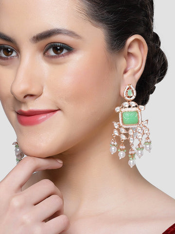 Karatcart Rose Gold Plated Lime Green Carved Stone Kundan Drop Earrings for Women