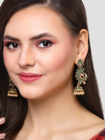 Karatcart Gold Plated Peacock Shape Green Kundan Dangler Jhumki Earrings for Women