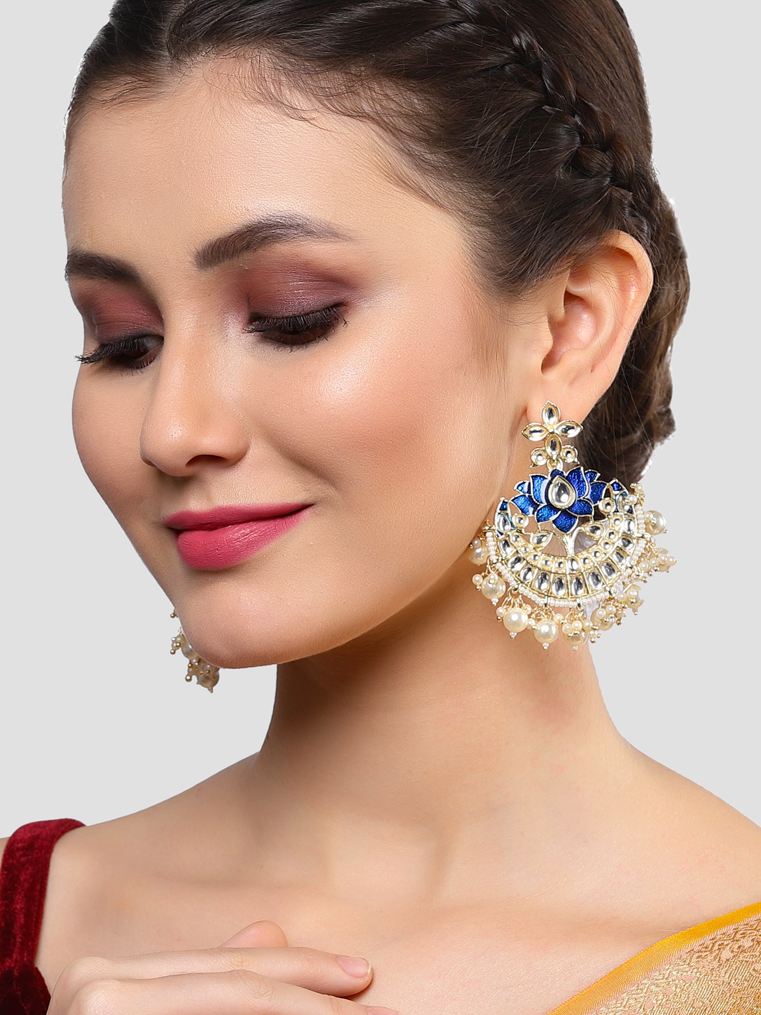 Karatcart Gold Plated Lotus Shape Blue Meena Kundan Studded Chandbali Earrings for Women - Image 1
