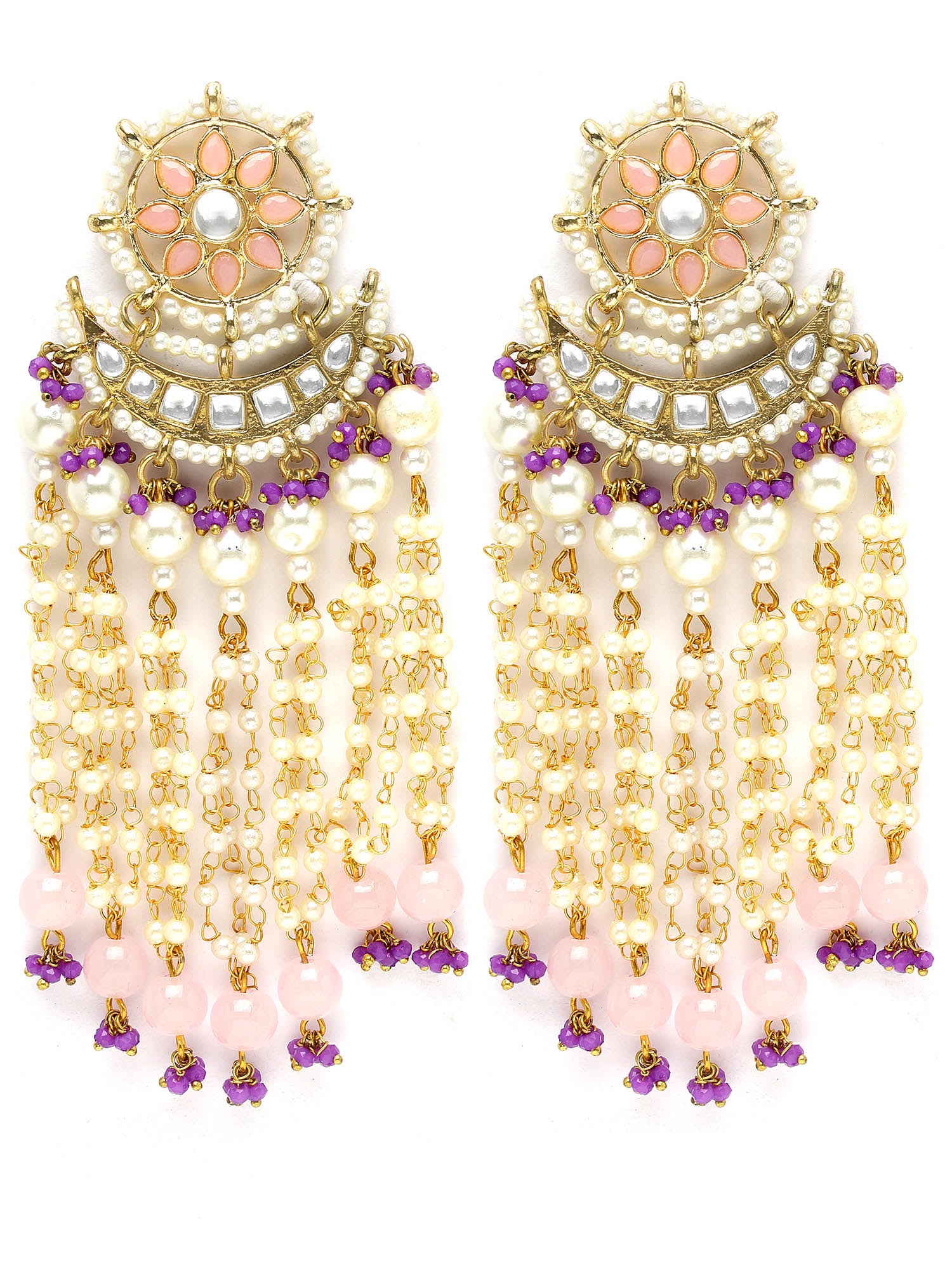 Karatcart Gold Plated Pink Beads Purple Crystals Kundan Tassel Earrings for Women - view 4
