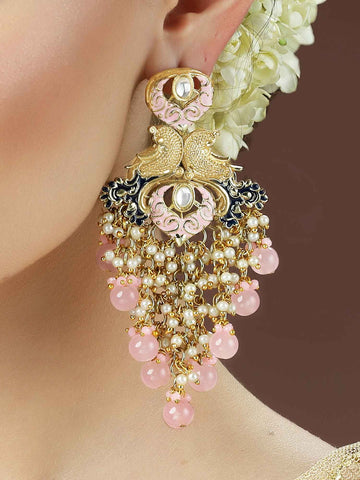 Karatcart Gold Plated Pink Beads Kundan Drop Earrings for Women