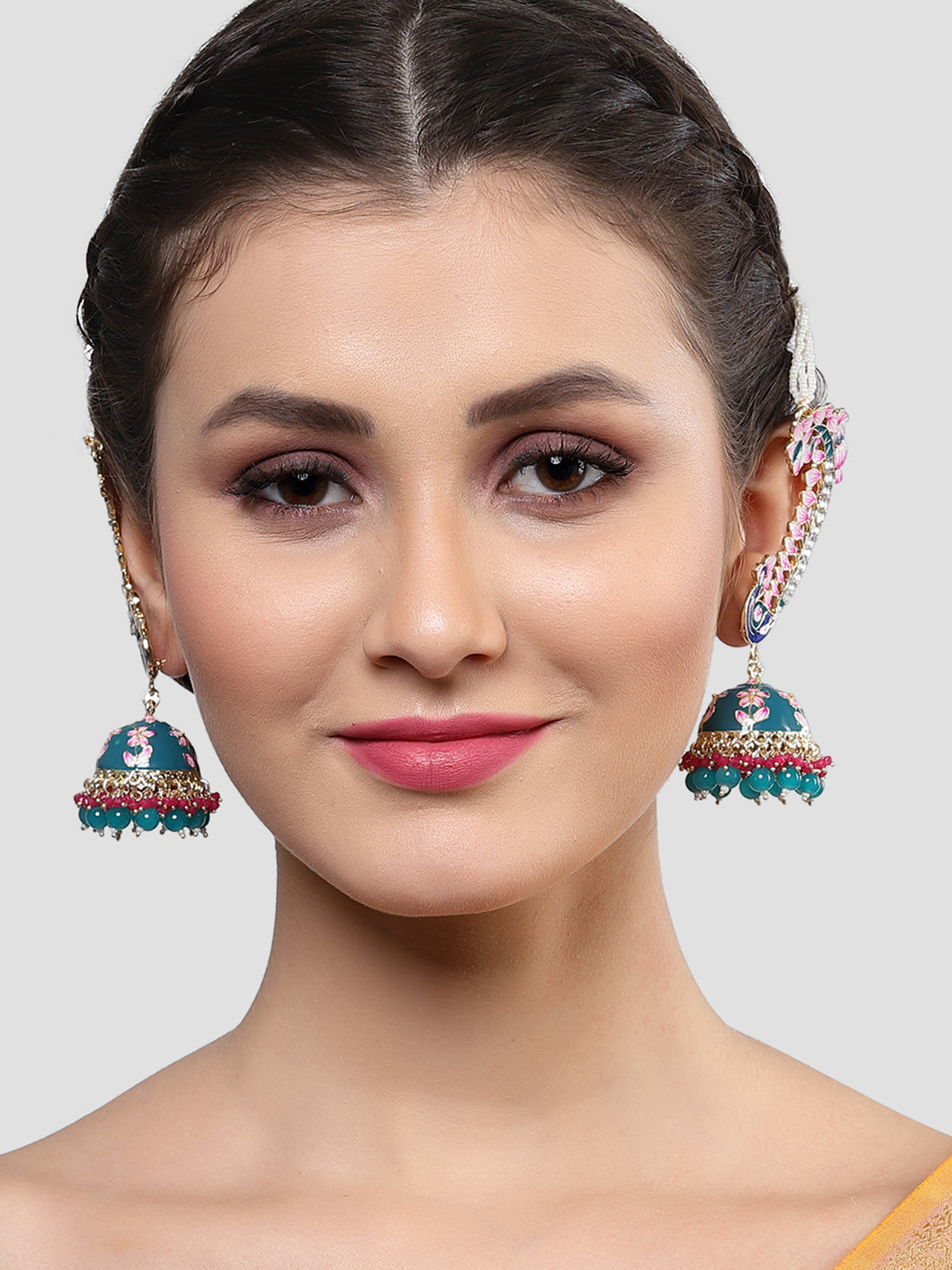 Karatcart Gold Plated Peacock Design Green Meena Kaanchain Jhumki Earrings for Women