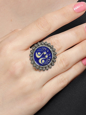 Karatcart Oxidised Silver Peacock Design Blue and Cream Meena Finger Ring for Women