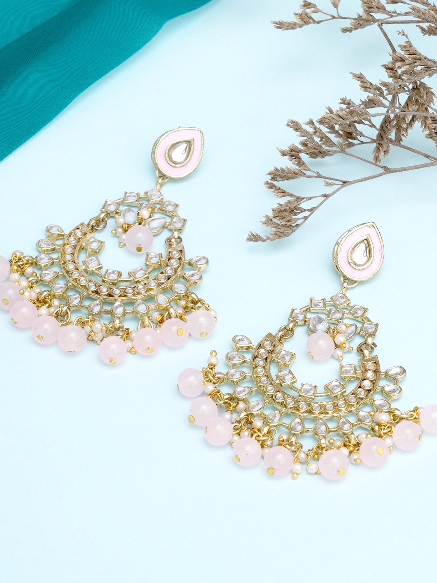 Karatcart Gold Plated Pink Beads Kundan Chandbali Earrings for Women - view 2