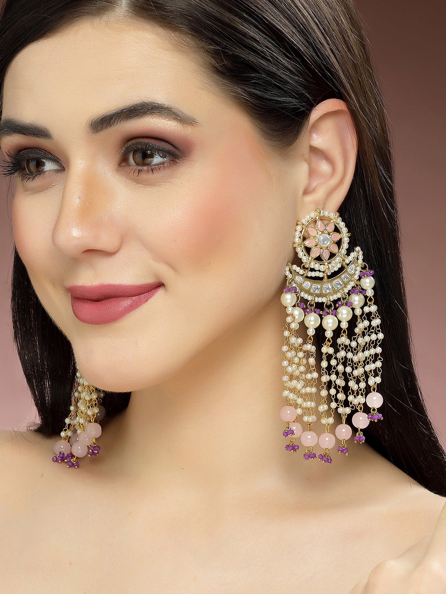 Karatcart Gold Plated Pink Beads Purple Crystals Kundan Tassel Earrings for Women - view 2