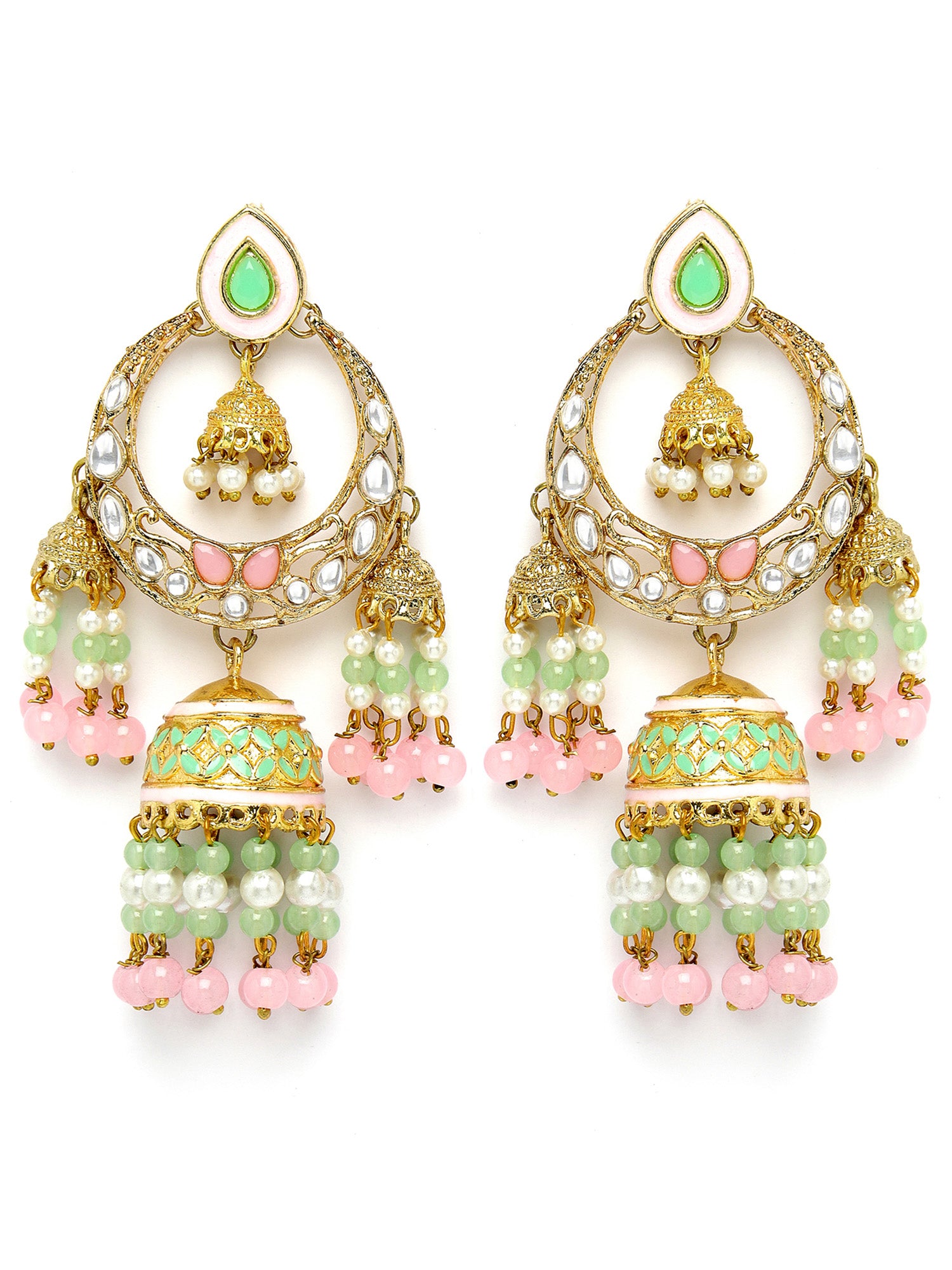 Karatcart Gold Plated Pink and Lime Green Beads Kundan Dangler Jhumki Earrings for Women - view 4