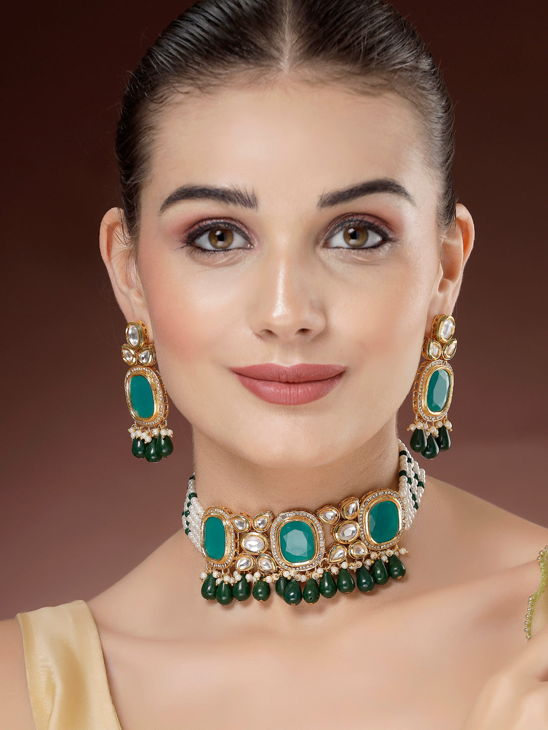 Karatcart Green Polki Kundan Design Choker Jewellery Set for Women