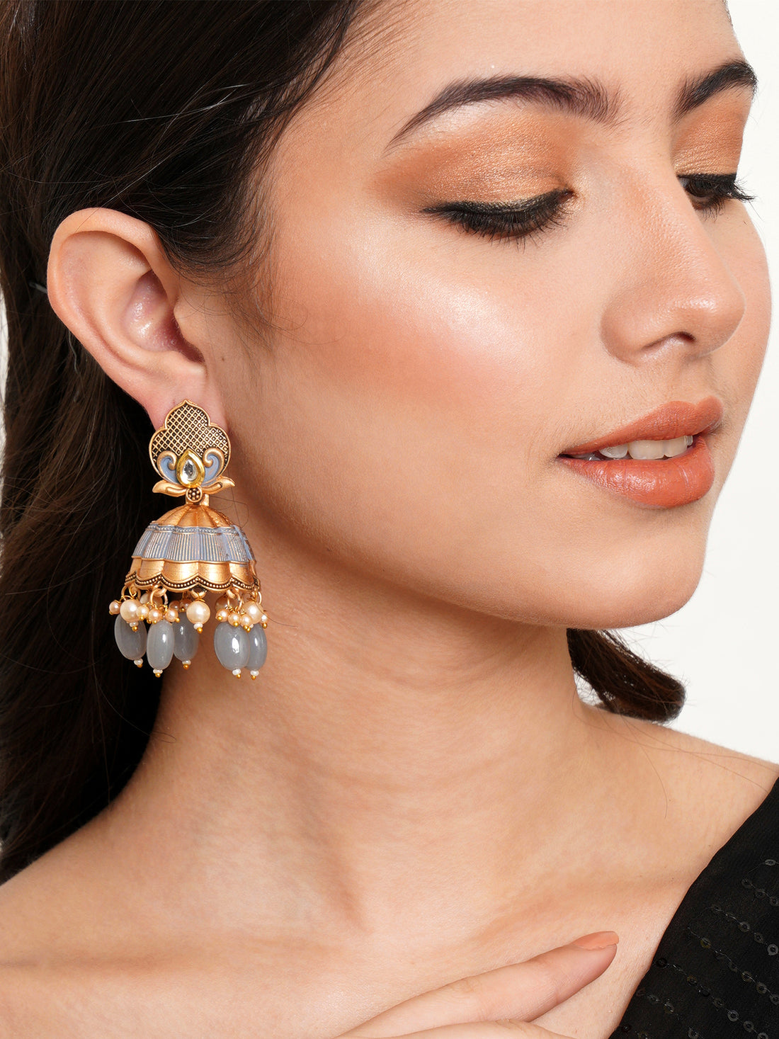 Karatcart Gold Plated Grey Tumble and Golden Pearl Studded Jhumki Earrings for Women