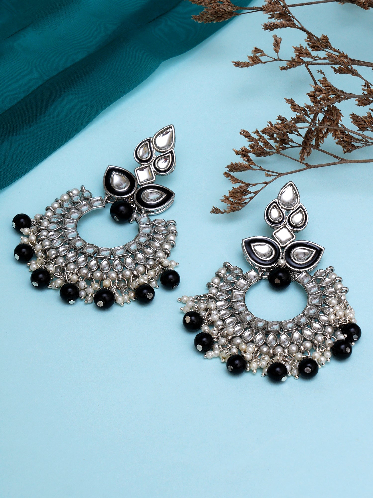 Karatcart Oxidised Silver Black Meena Kundan Chandbali Earrings for Women - Image 1