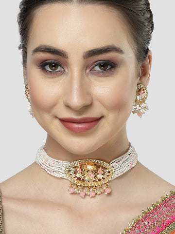 Karatcart Gold Plated Light Pink Dulhan Doli Design Choker Necklace Set for Women