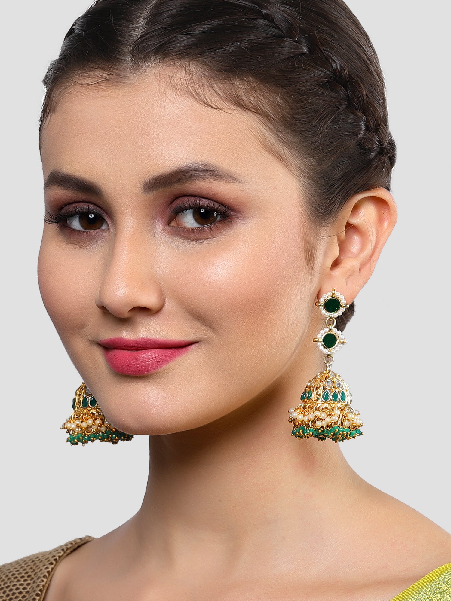 Karatcart Gold Plated Green Crystal and Pearl Studded Kundan Jhumki Earrings for Women - Image 1