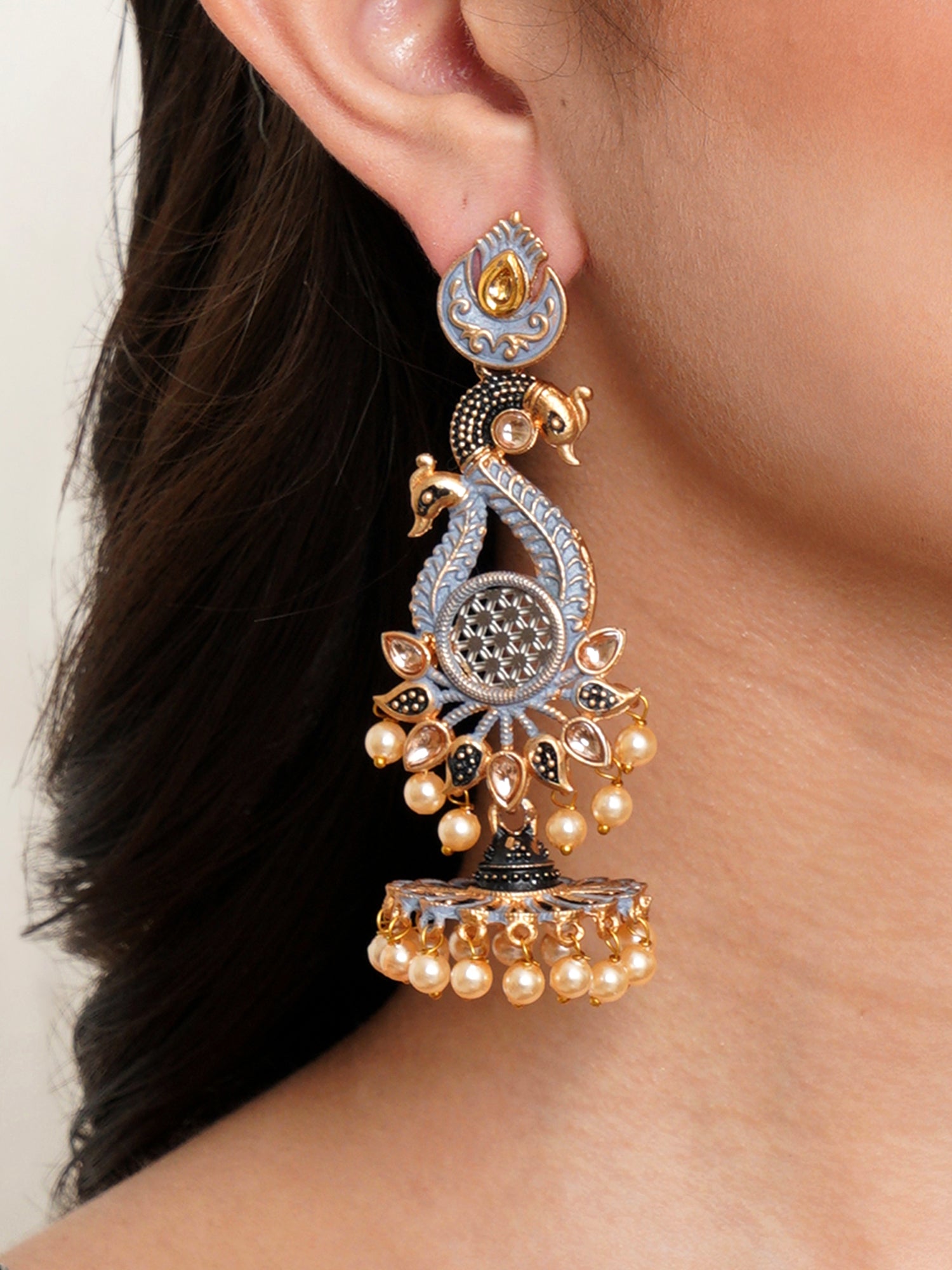 Karatcart Antique Gold Plated Kundan Studded Grey Meena Peacock with Flat Jhumki Dangler Earrings - Image 1